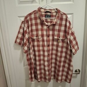 Carhartt Mens 4XL Loose Fit Short Sleeve Plaid Button Down Shirt Red TW4625-M